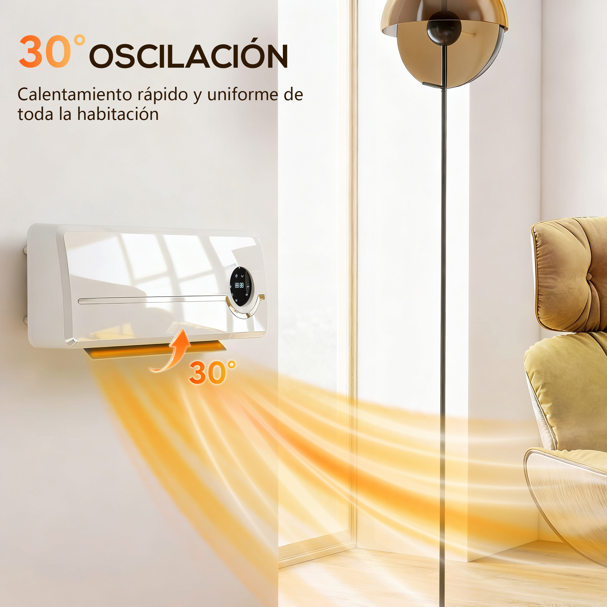 Calefactor Eléctrico Bajo Consumo Cerámico de Pared, 2000W, con 3 Modos, Pantalla LED, Termostato Regulable, Temporizador 24h, Oscilación, Mando a Distancia y Detección de Ventanas Abiertas