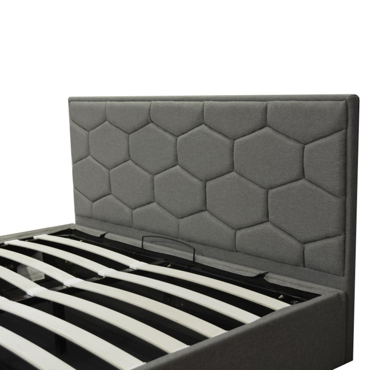Lit coffre Madrid avec tête de lit | Espace de Stockage jusqu'à 900 L | Robuste et Large Angle d’Ouverture | Tissu | Gris clair