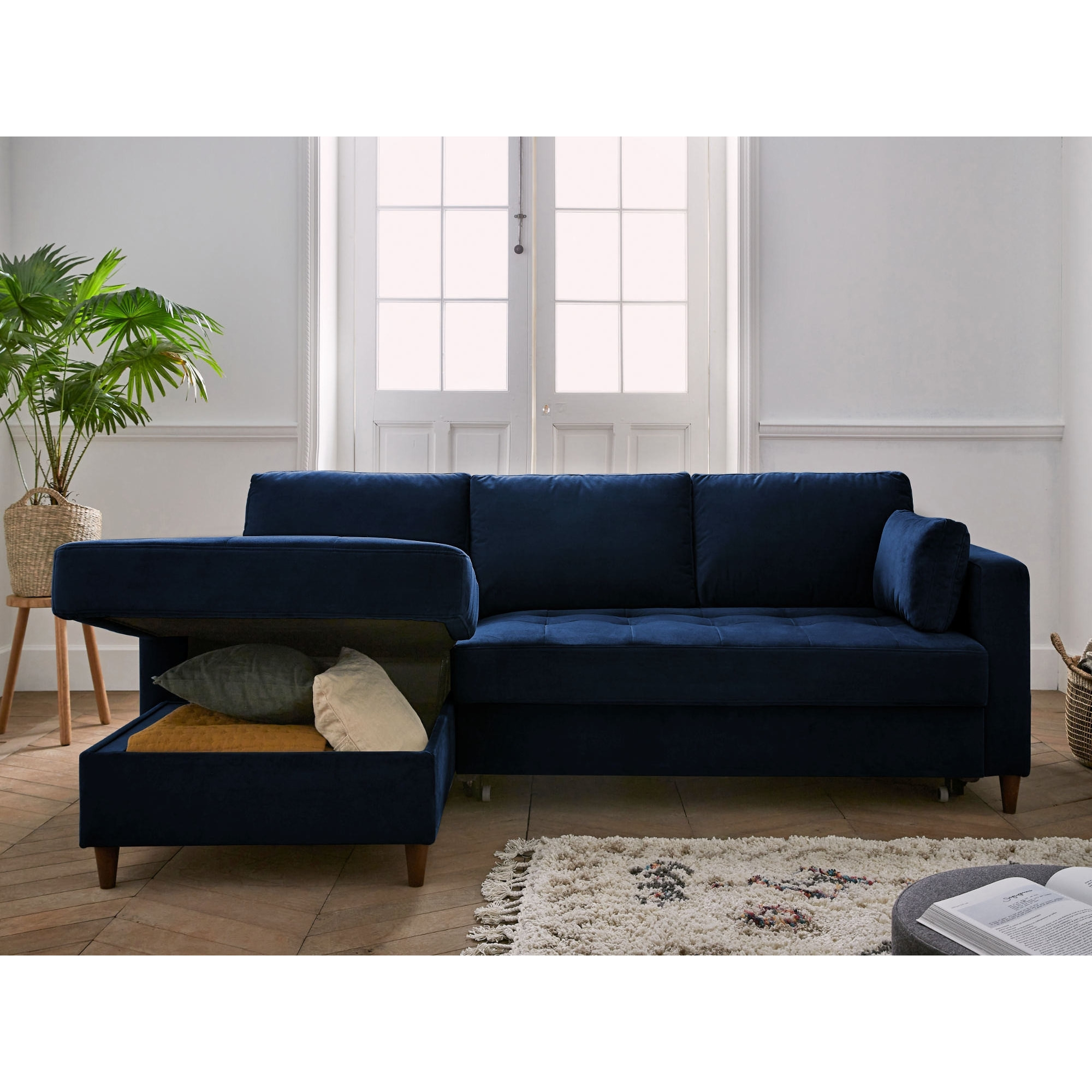 Anna - canapé d'angle gauche - 4 places - convertible avec coffre - en velours - Bleu nuit