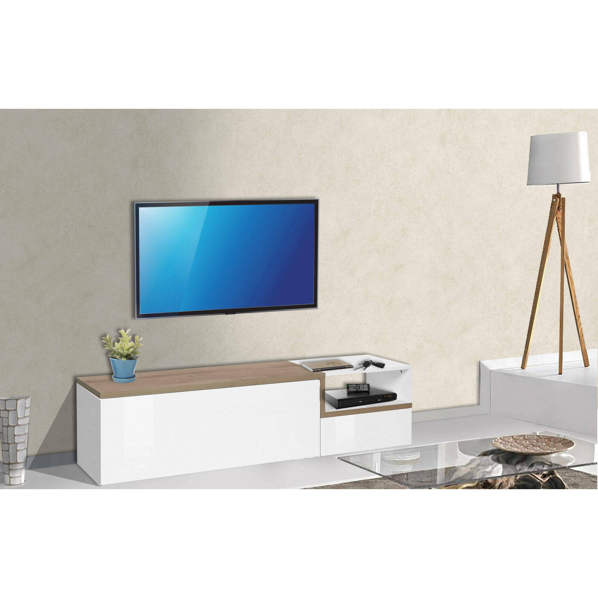 Mobile da soggiorno Porta TV, Made in Italy, Supporto per TV a 2 ante, Porta TV da salotto, cm 160x40h46, colore Bianco lucido e Acero