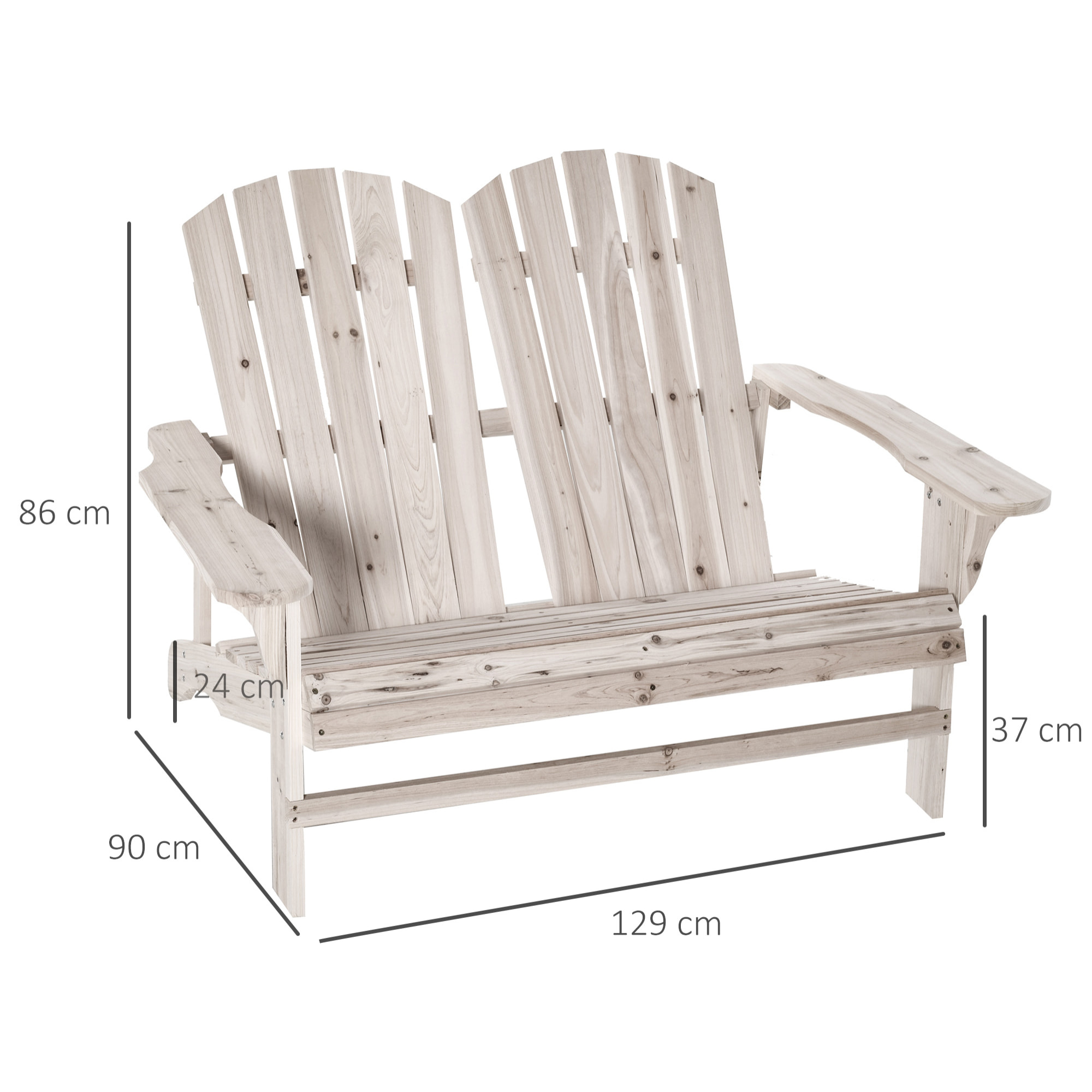 Banc de jardin 2 places design Adirondack assise dossier à lattes larges accoudoirs bois naturel pin lasuré