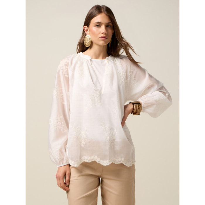 Oltre - Blusa in voile ricamato - Bianco