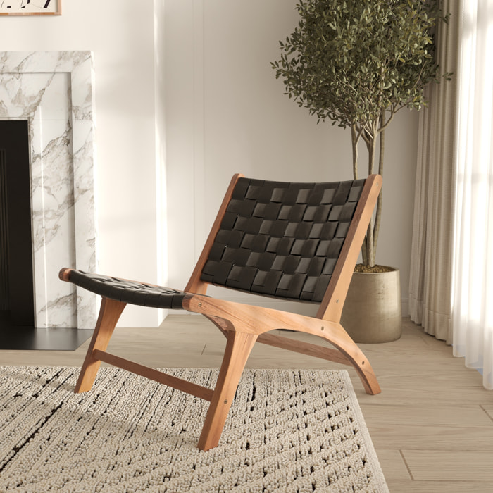 Fauteuil en teck et cuir tréssé noir - Kuna