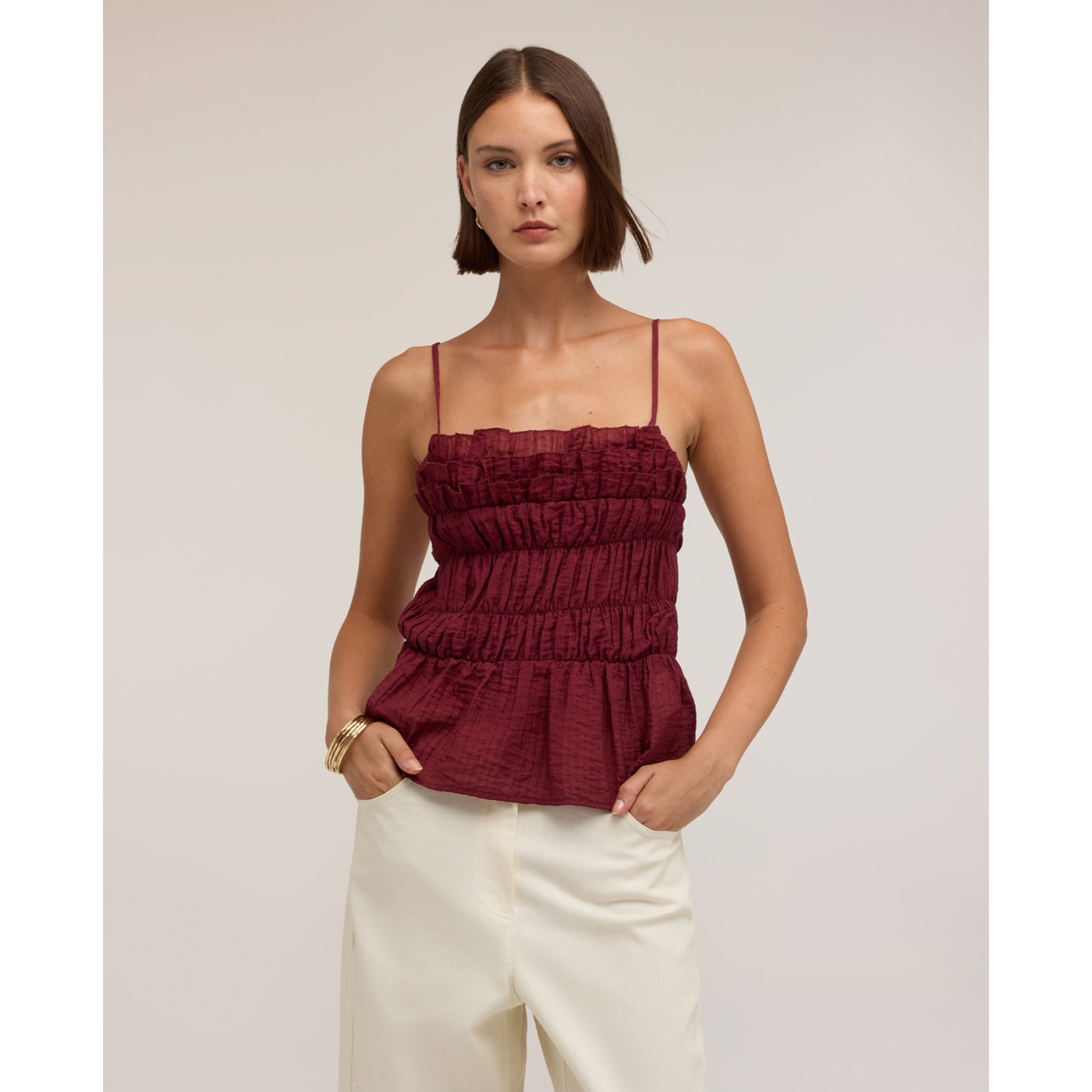 Motivi - Top in viscosa con drappeggio e scollo a barchetta - Bordeaux