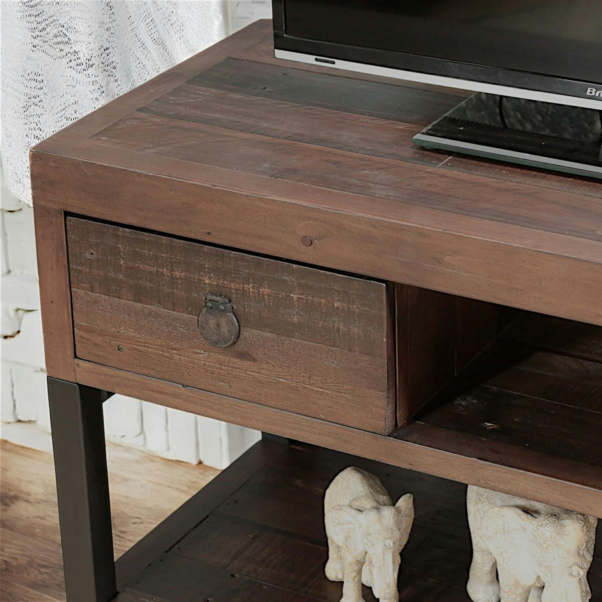 Meuble TV bois brun recyclé double plateau SAMOA