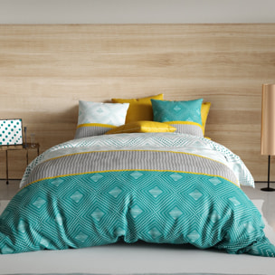 Parure housse de couette imprimé 100% coton - aurah - turquoise