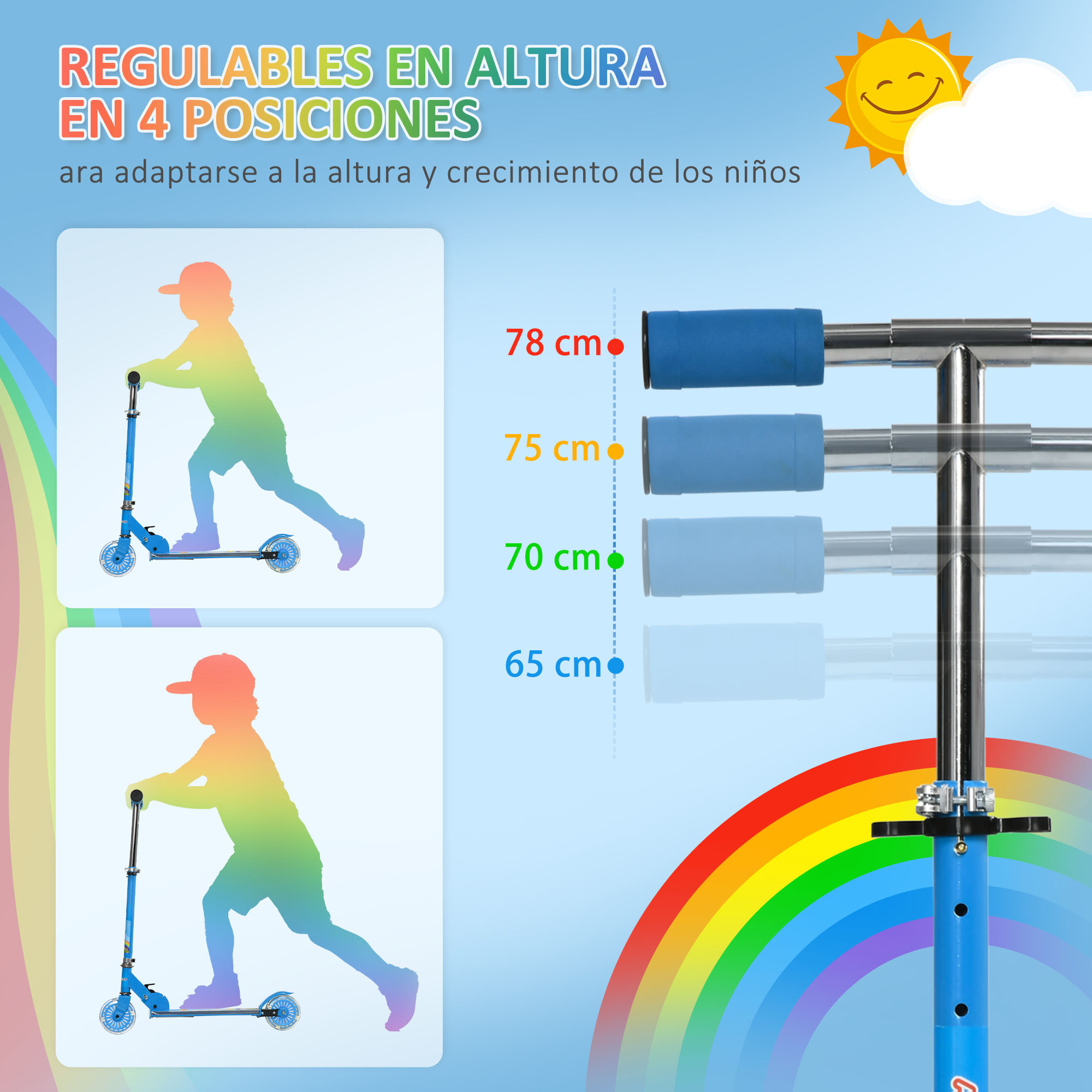 Patinete para Niños Plegable Patinete Infantil con Luces Música 4 Altura Ajustable Ruedas Brillantes Pedal LED para 3-7 Años Carga 50 kg 67x32x65-78 cm Azul