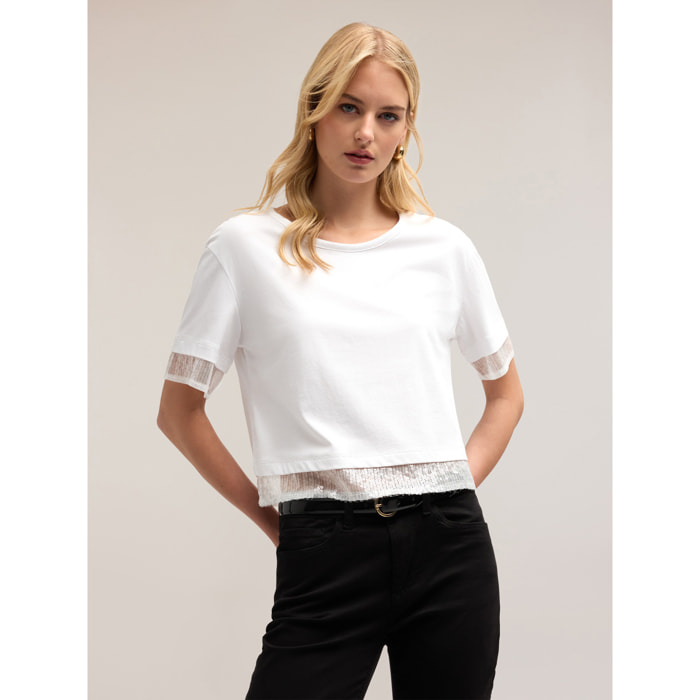Motivi - Camiseta con bordes de lentejuelas - Blanco