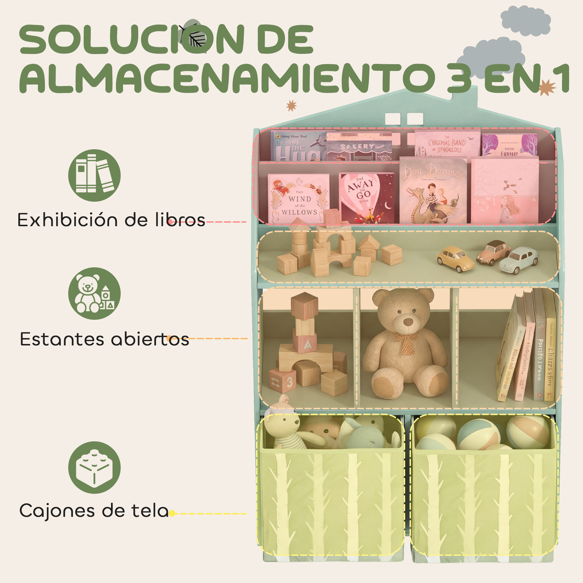 Estantería Infantil para Juguetes con Cajones de Tela, Estantes Abiertos, Diseño de Ositos, Organizador de Juguetes para Dormitorio, Sala de Juegos, Guardería, Verde