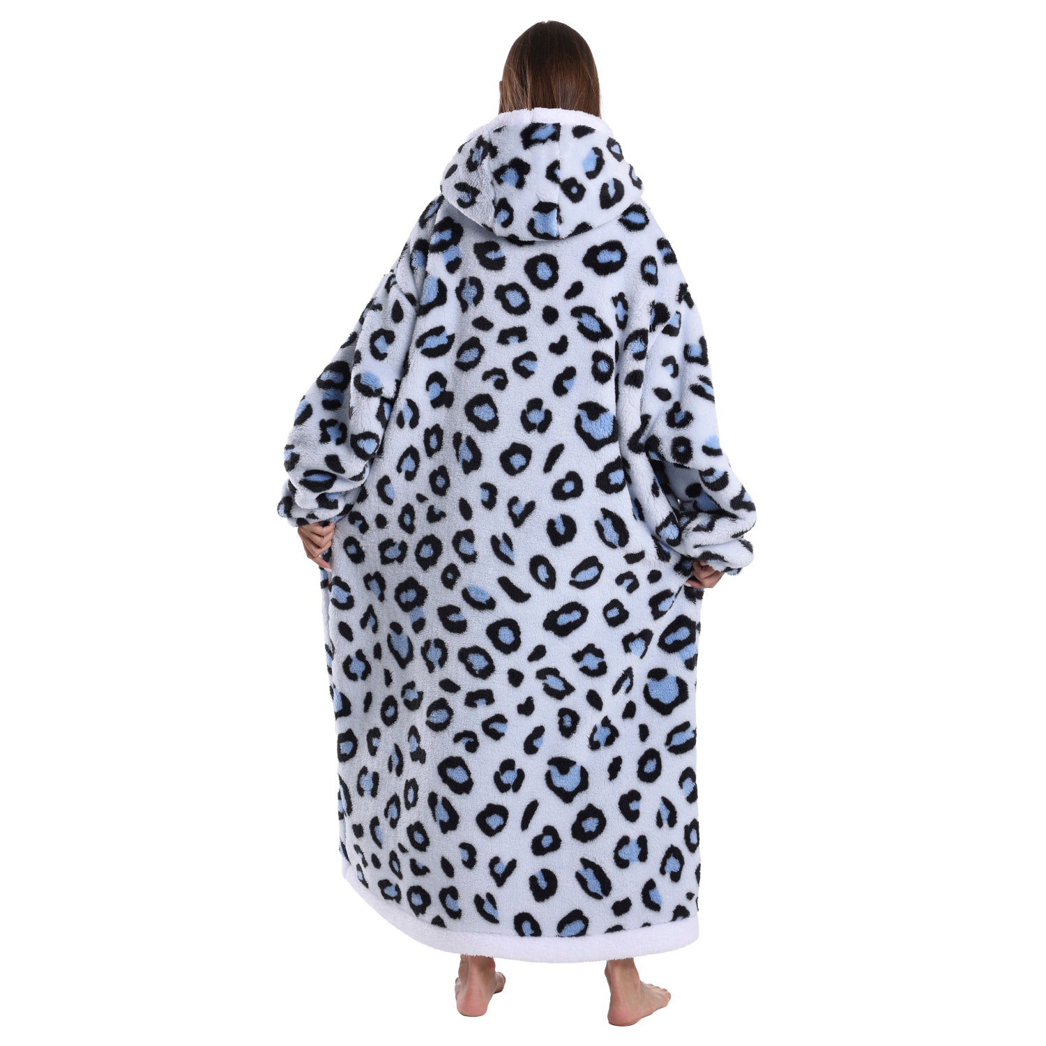 Bata in stile felpa e coperta in pile extra morbido. Tasca frontale tripla tipo canguro. Design ghepardo bianco tipo lungo.