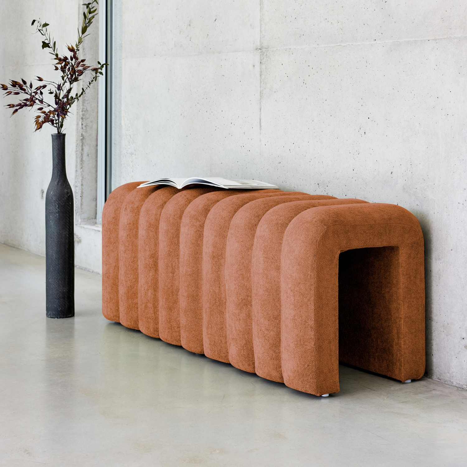 Banc. bout de lit blanc contemporain en tissu orange