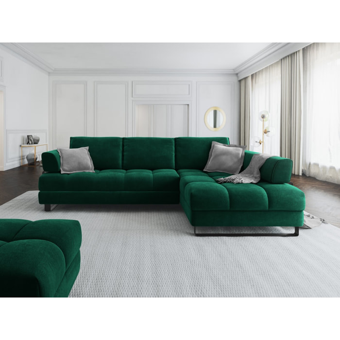 Canapé d'angle droit convertible avec coffre de rangement "Clinton" 5 places en velours vert bouteille