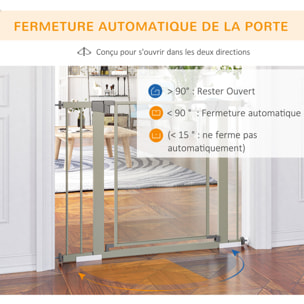 Barrière de sécurité animaux - longueur réglable dim. 75-103 cm - porte double verrouillage, ouverture double sens -sans perçage - acier ABS gris