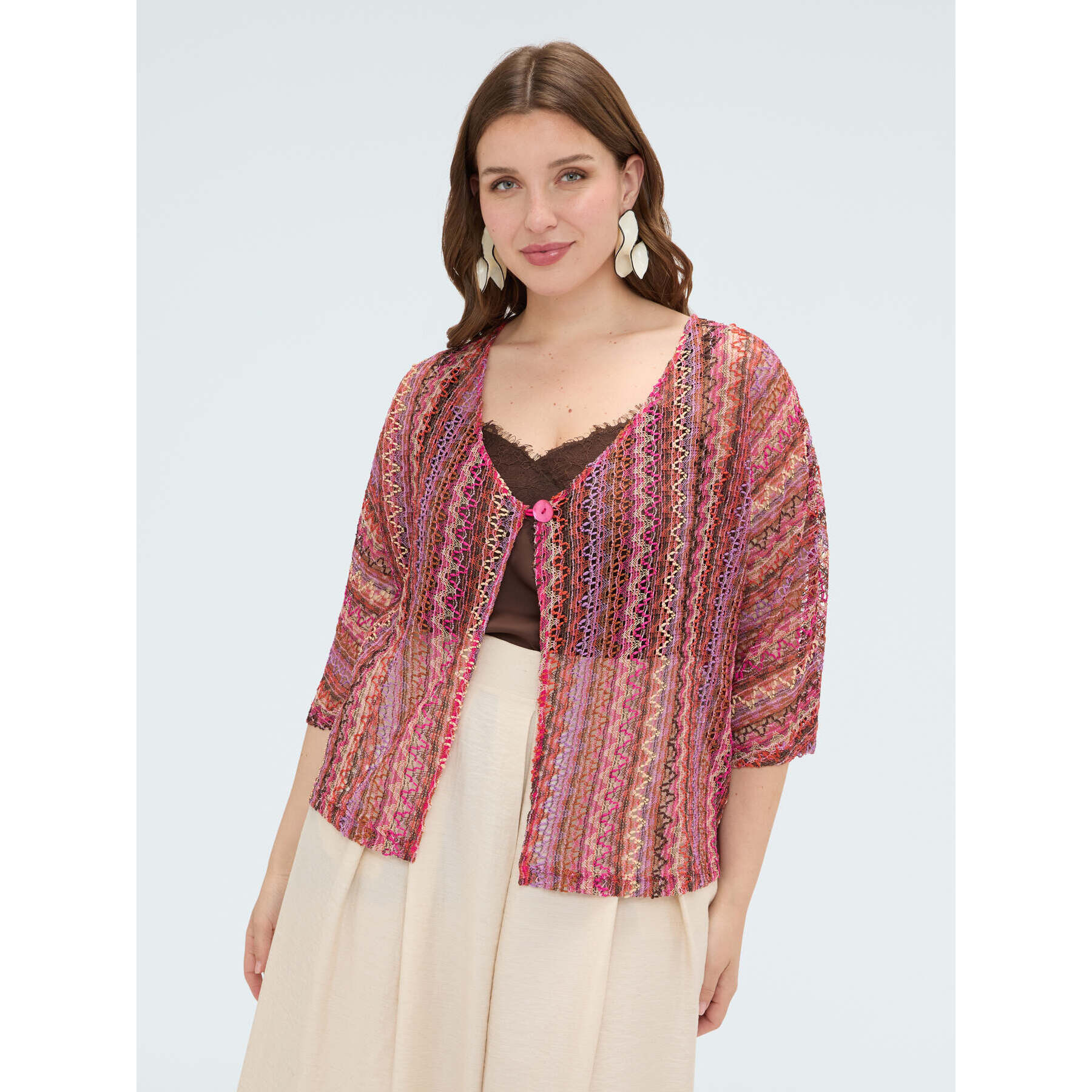 Fiorella Rubino - Kimono corto a righe effetto crochet - Fucsia