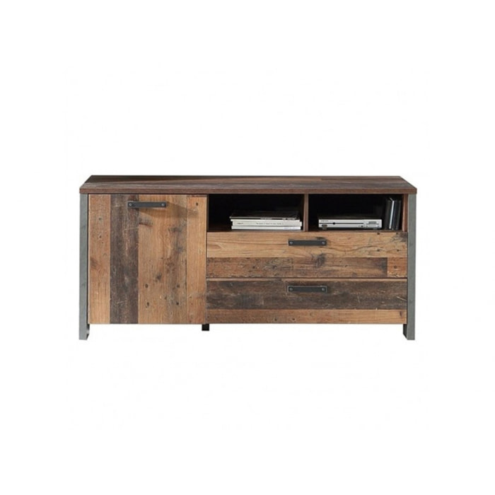 Meuble TV en bois avec 3 portes L142cm effet bois vieilli - FRED