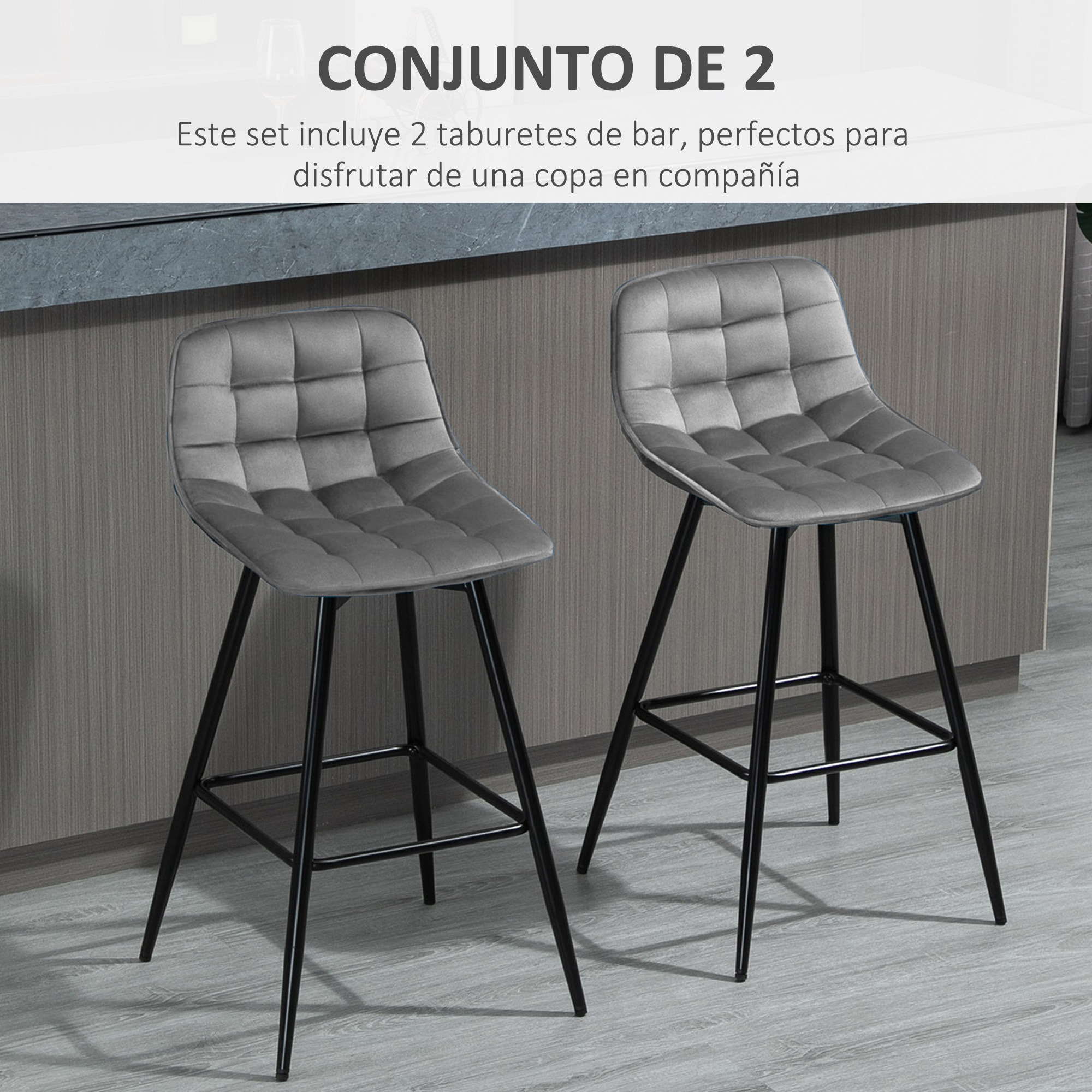 Conjunto de 2 Taburetes Altos de Cocina Sillas Altas de Cocina con Respaldo y Reposapiés Carga 120 kg para Bar Salón Comedor Gris