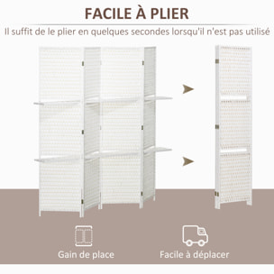 Paravent intérieur 4 panneaux 2 étagères pliables séparateur de pièce bois de pin bambou fibres de papier tressée blanc paille