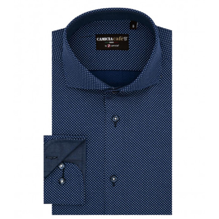 Camicia Uomo 1 Bottone Francese Slim Cotone Poliestere Stampato Blu Chiaro/Bianco