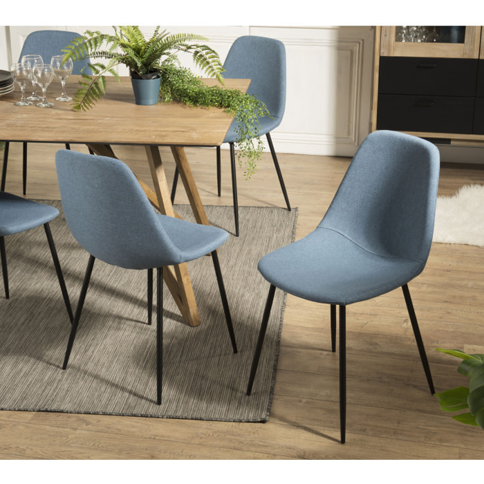 AUGUSTIN - Lot de 2 chaises tissu bleu pieds métal noirs