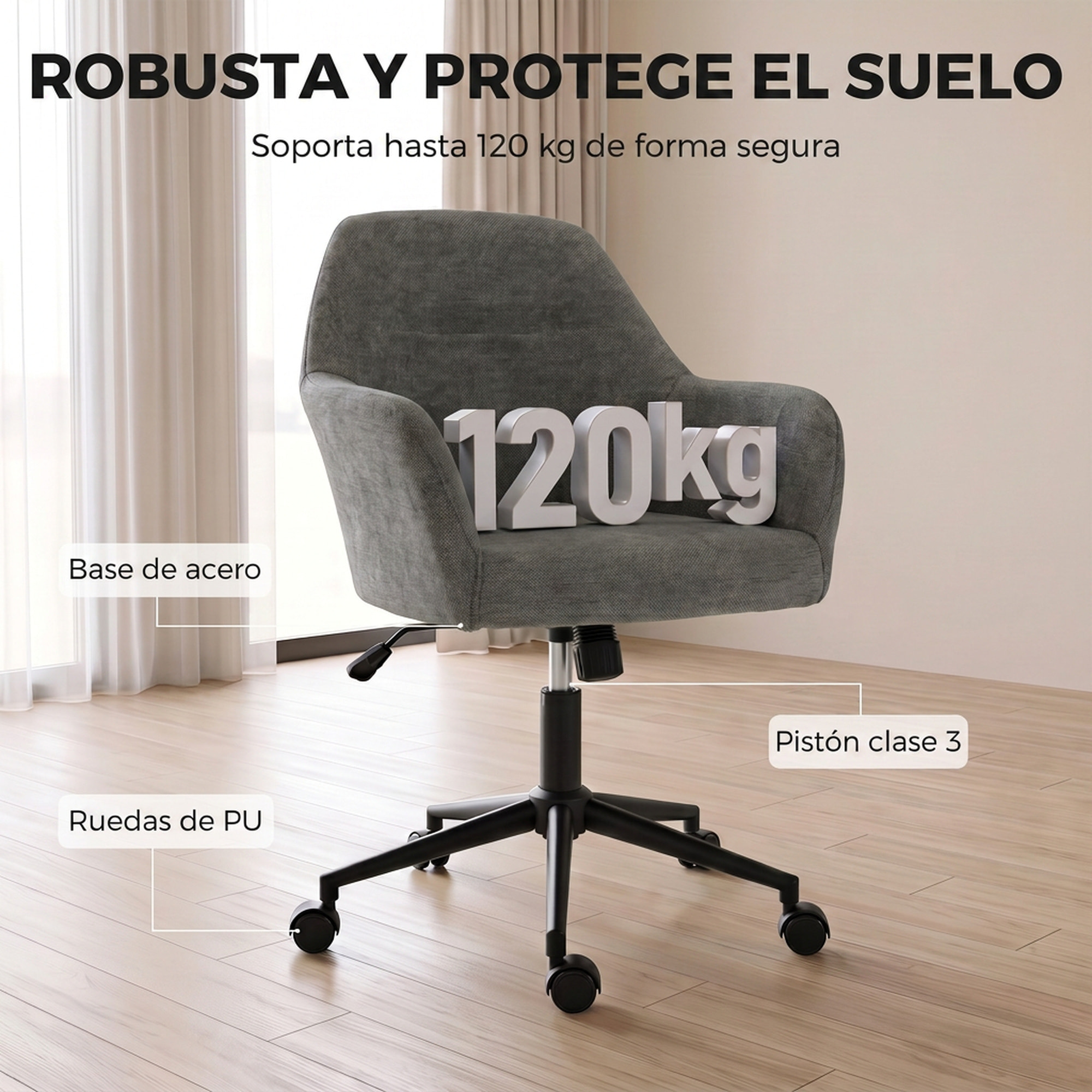 HOMCOM Silla de Oficina con Ruedas, Silla de Escritorio de Chenilla con Función Basculante, Acolchado Grueso, Altura Ajustable, Reposabrazos, para Casa, Oficina, Gris