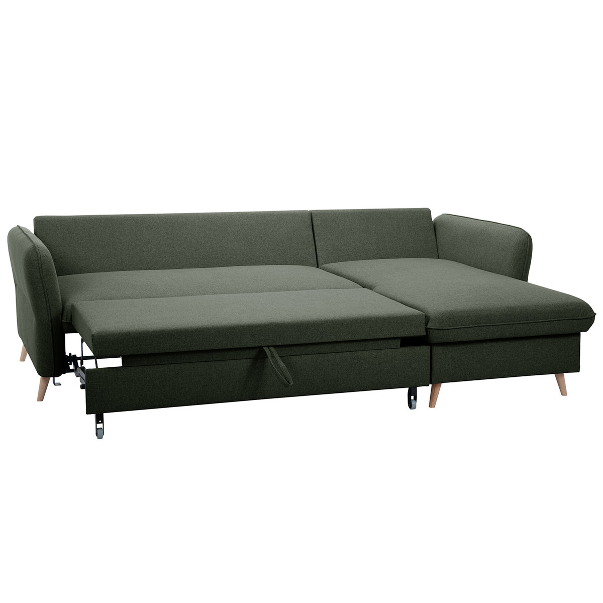 Canapé d'angle convertible réversible avec coffre 3-4 places en tissu vert kaki et bois clair DRISS