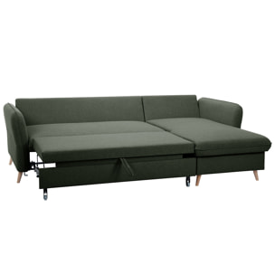 Canapé d'angle convertible réversible avec coffre 3-4 places en tissu vert kaki et bois clair DRISS