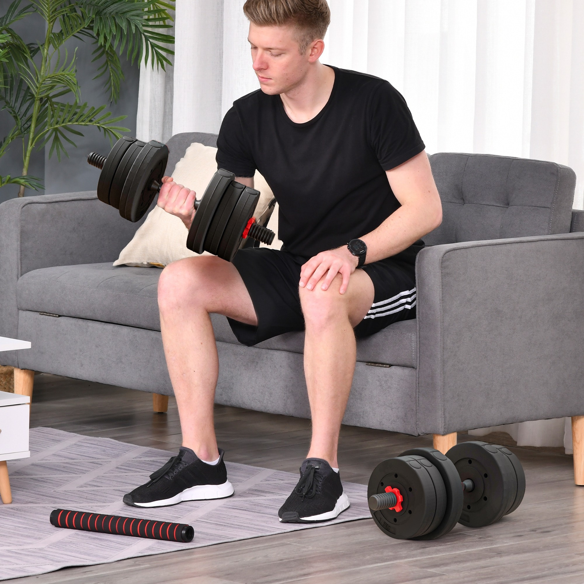 Juego de Mancuernas Ajustables de 20 kg 2 en 1 Juego de Pesas de Dumbbell con Barras Conexión y Barra de Extensión Kit de Levantamiento de Pesas para Hombres y Mujeres Gimnasio en Casa Negro