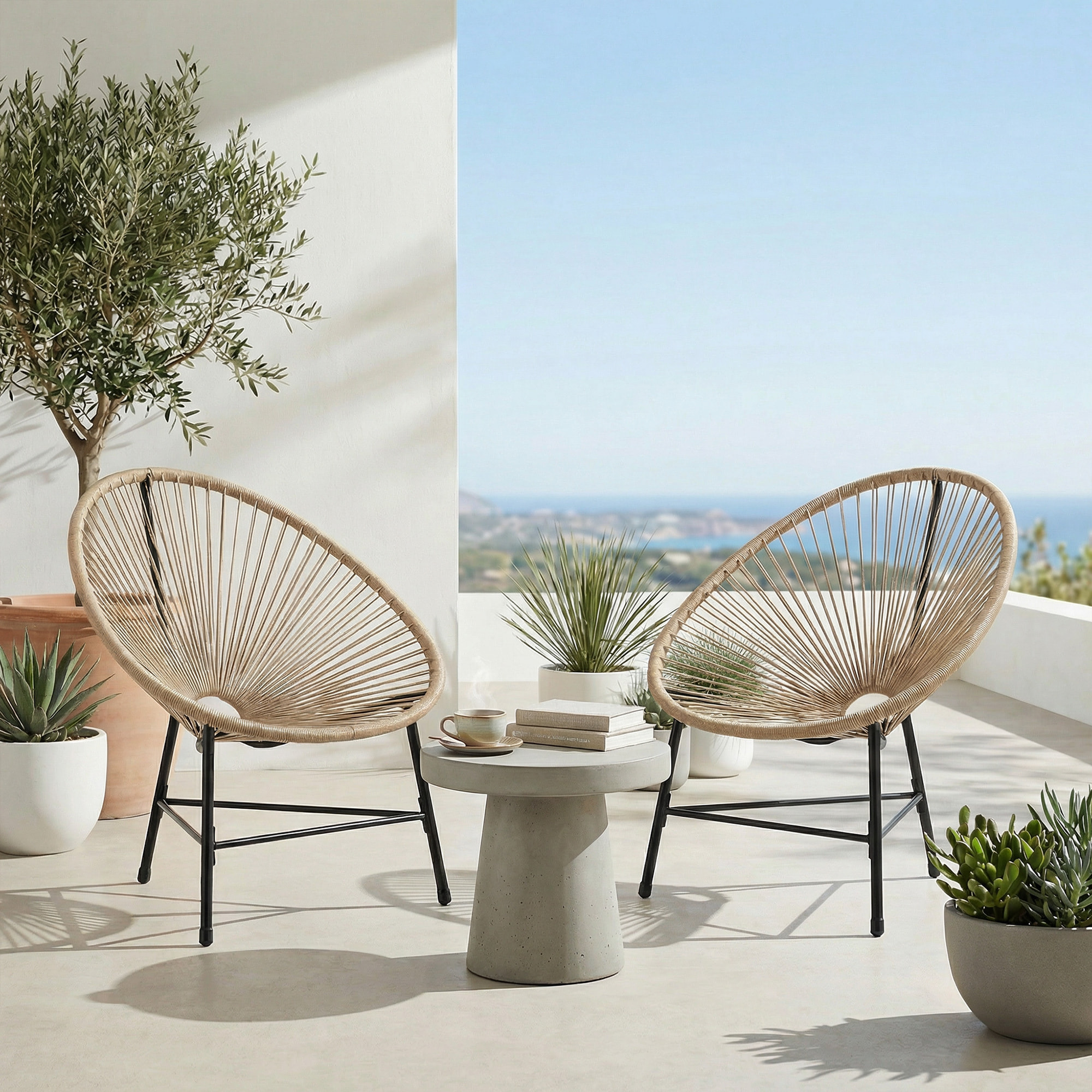 Conjunto de 2 Sillas Acapulco de Jardín de Ratán Sintético, Sillas de Jardín Exterior con Estructura de Acero Triangular, para Balcón, Terraza, Carga 120 kg, Natural