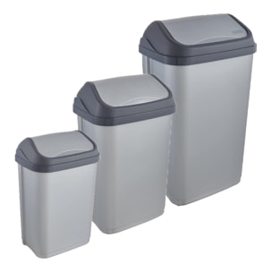 Pack de 3 cubos de basura con tapa deslizante Swantje 10/25/50 litros en color plateado