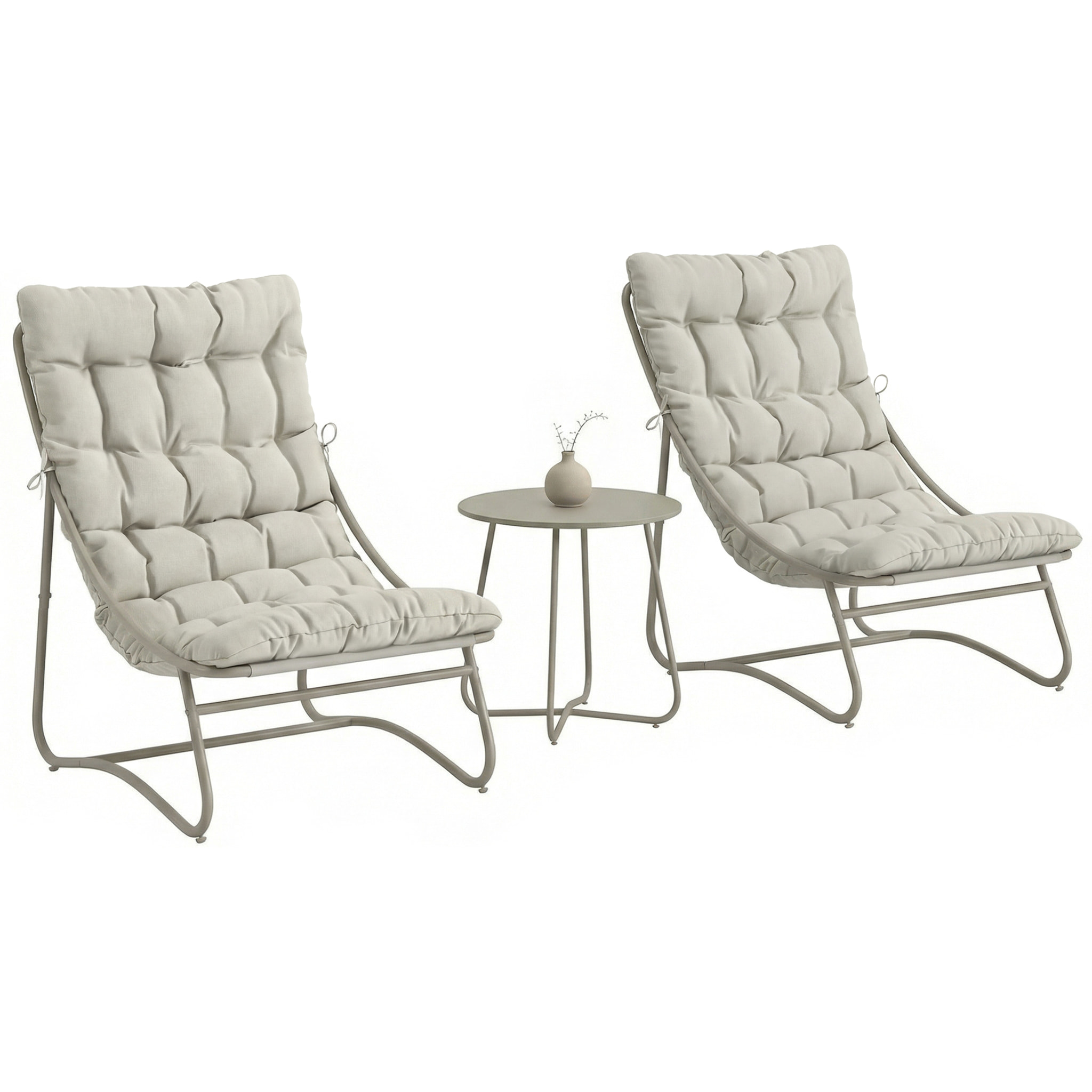 Conjunto de Mesa y Sillas de Terraza Exterior de 3 Piezas, Muebles de Jardín Exterior con Cojines, 2 Sillas Lounge Transpirable, Mesa de Café y Marco de Acero, para Patio, Balcón, Gris Claro