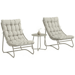 Conjunto de Mesa y Sillas de Terraza Exterior de 3 Piezas, Muebles de Jardín Exterior con Cojines, 2 Sillas Lounge Transpirable, Mesa de Café y Marco de Acero, para Patio, Balcón, Gris Claro