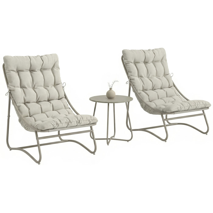 Conjunto de Mesa y Sillas de Terraza Exterior de 3 Piezas, Muebles de Jardín Exterior con Cojines, 2 Sillas Lounge Transpirable, Mesa de Café y Marco de Acero, para Patio, Balcón, Gris Claro