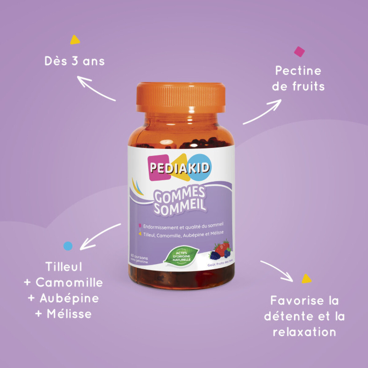 PEDIAKID - Gommes Sommeil - Complément alimentaire - Tilleul, Aubépine, Camomille & Mélisse - Facilite l'endormissement - Favorise un sommeil de meilleure qualité - Sans gélatine - 60 gommes