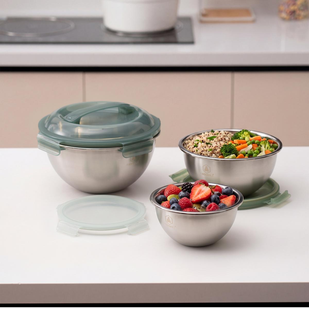 Set de 3 bols inox avec couvercles hermétiques - "Pique-nique"