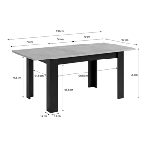 Mesa de comedor extensible en negro mate y gris cemento 140-190x90 cm Sira Negro Mate - Gris Cemento