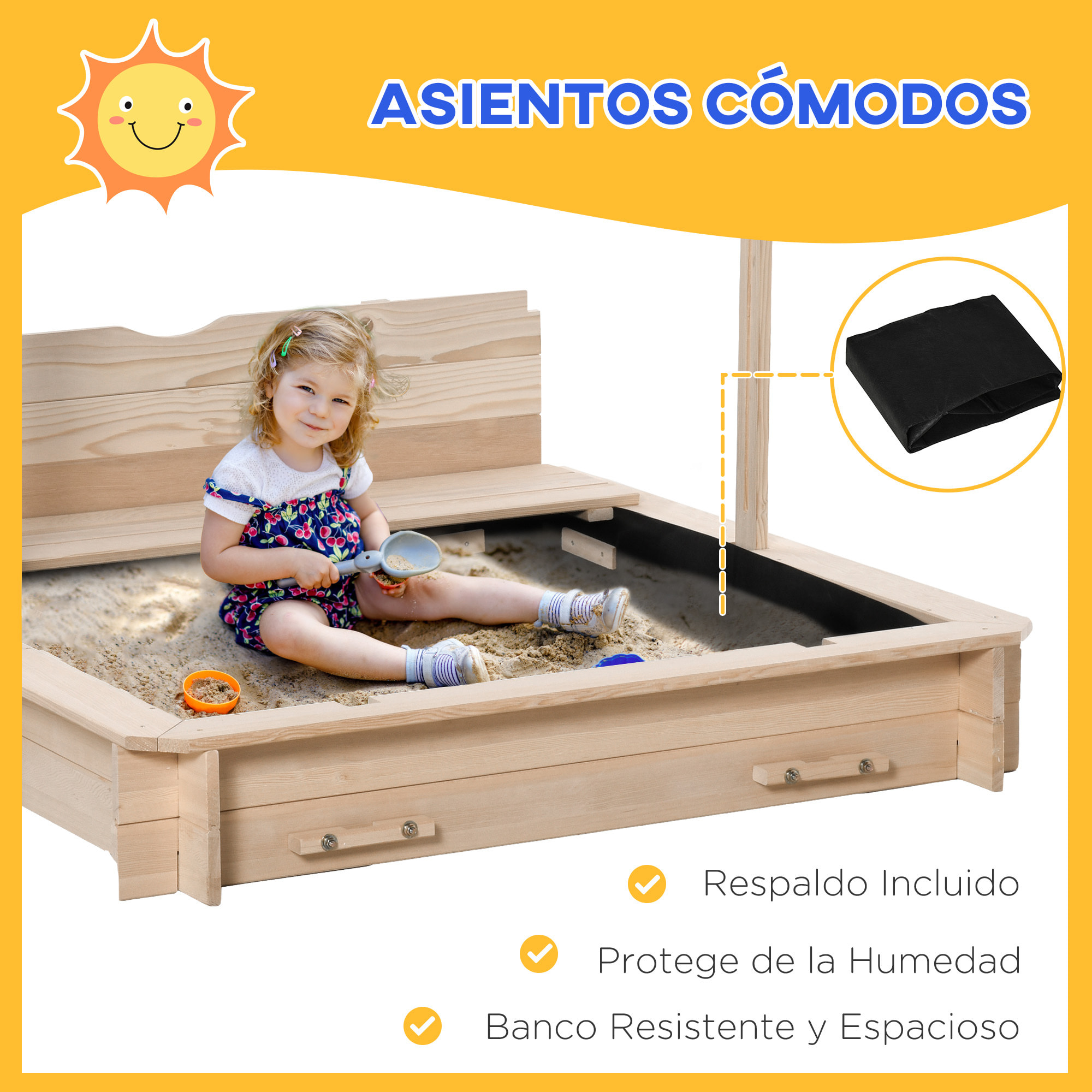 Arenero de Madera para Niños con Techo y Banco Toldo Ajustable 106x106x121 cm