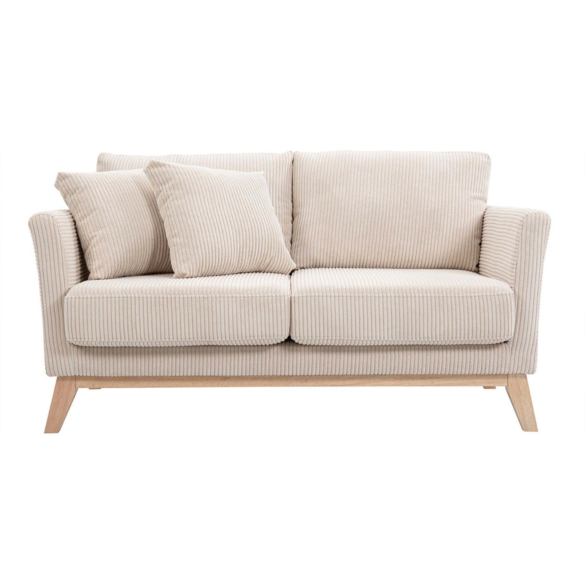 Canapé scandinave déhoussable 2 places en tissu velours côtelé beige et bois clair OSLO