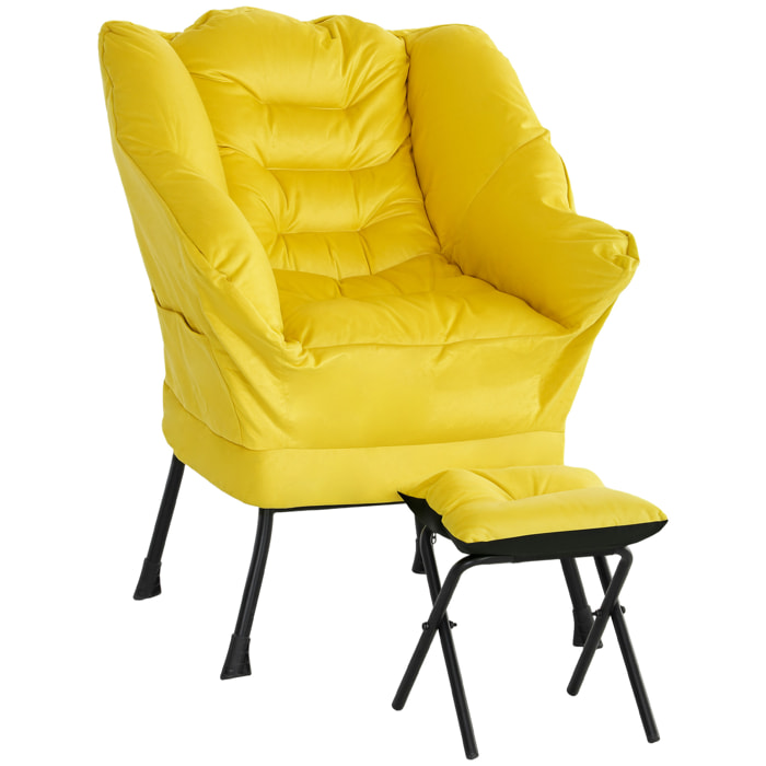 Sillón de Salón con Reposapiés Sillón de Relax Butaca para Dormitorio con Bolsillos Laterales y Patas de Acero para Sala de Estar Amarillo