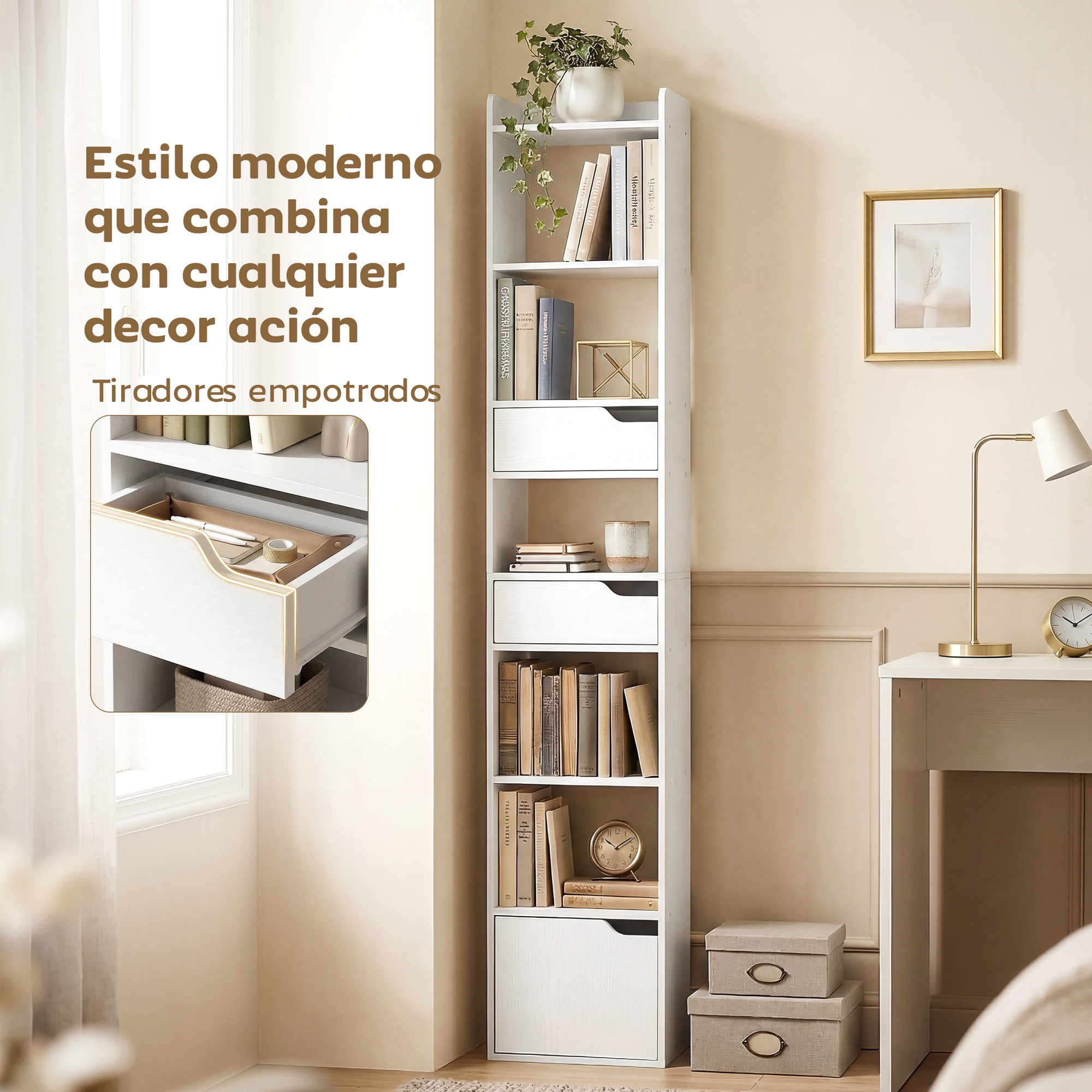 Estantería para Libros con 2 Cajones y Puerta, Librería Estrecha con 6 Estantes Abiertos, Armario Alto para Salón, Estudio, Oficina, 32x24x181,5 cm, Blanco
