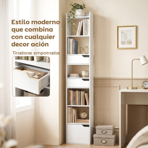 Estantería para Libros con 2 Cajones y Puerta, Librería Estrecha con 6 Estantes Abiertos, Armario Alto para Salón, Estudio, Oficina, 32x24x181,5 cm, Blanco