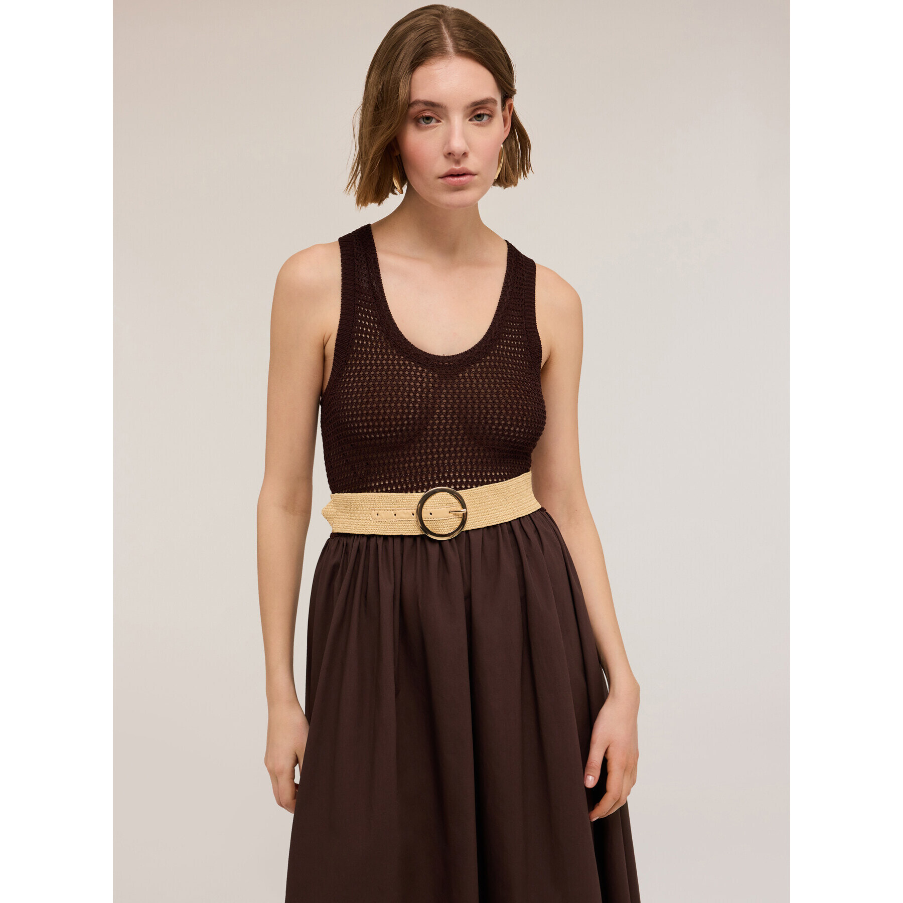 Motivi - Vestido con corpiño de punto calado - Marrón