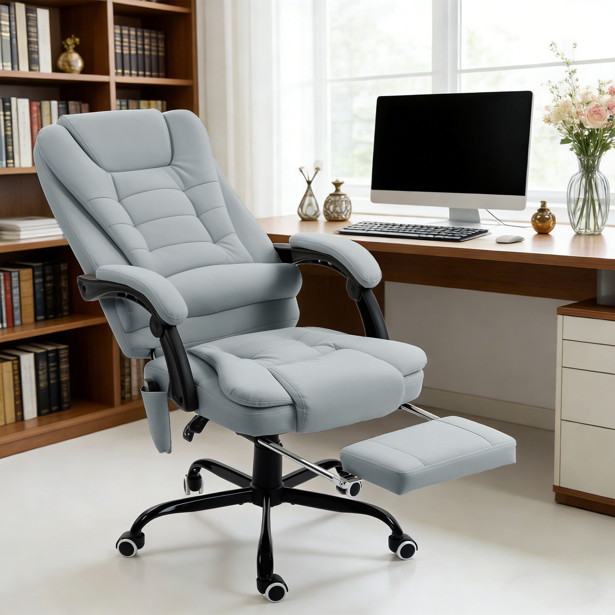 Fauteuil de bureau direction massant inclinable réglable repose-pied coussin lombaires synthétique gris