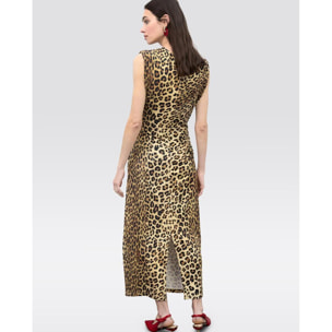Abito midi aderente con drappeggio in stampa animalier