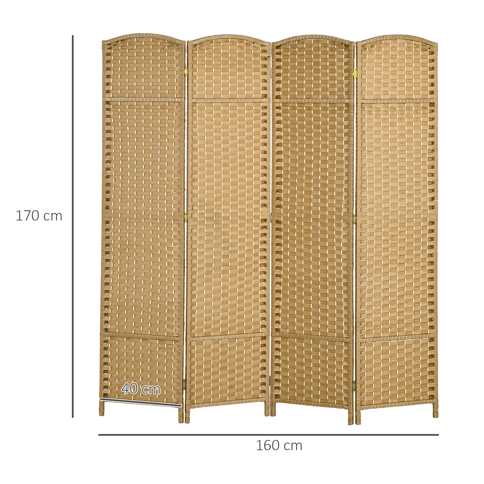 Paravent intérieur pliable 4 panneaux 160 x 170 cm - séparateur de pièce finition tressée - PP  bois pin beige