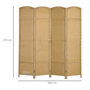 Paravent intérieur pliable 4 panneaux 160 x 170 cm - séparateur de pièce finition tressée - PP  bois pin beige
