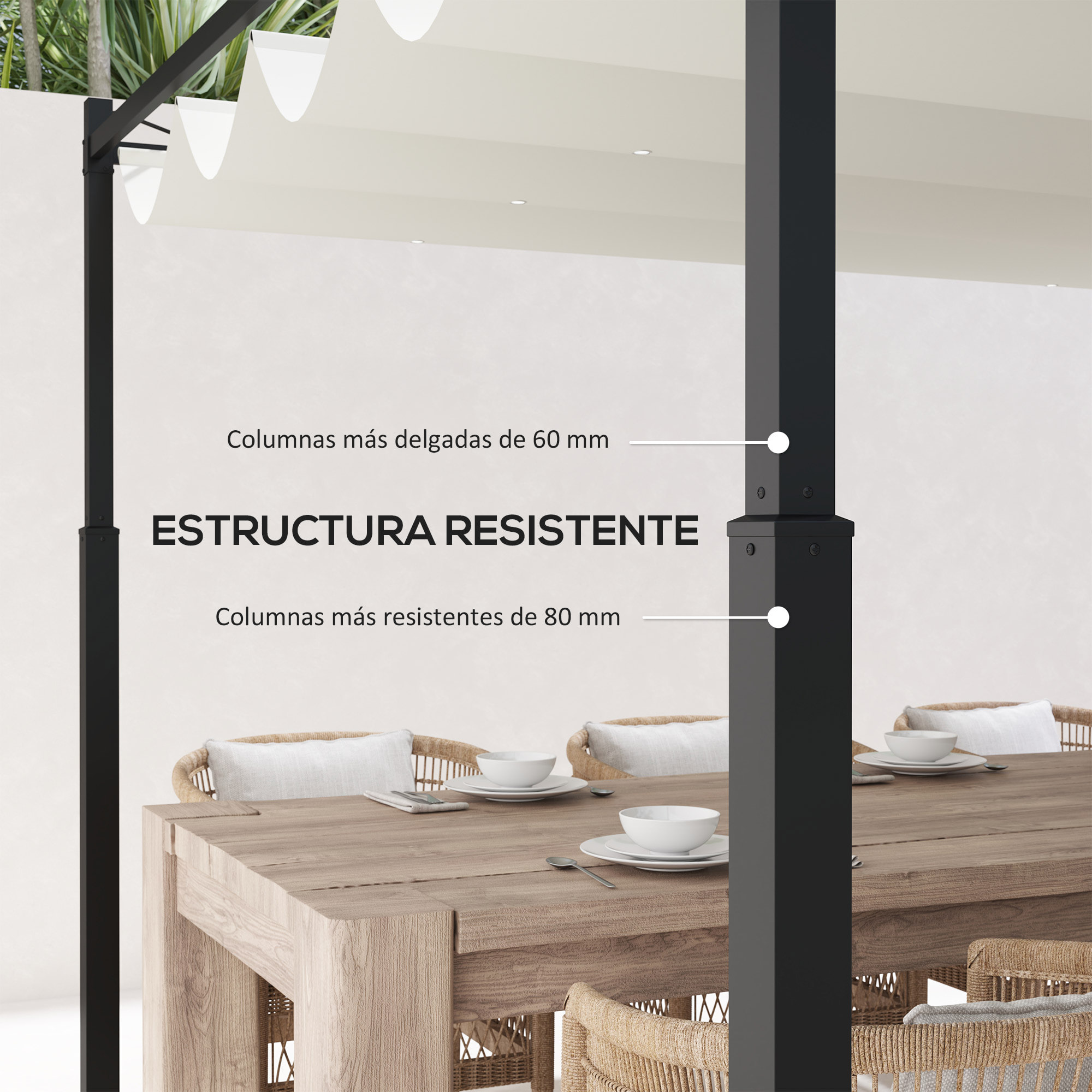Pérgola de Jardín 3x3 m con Techo Retráctil y Accesorio Magnético, Cenador de Jardín con Protección UV30+, Columnas Metálicas y Ganchos, Pabellón para Patio, Terraza, Exterior, Blanco Crema