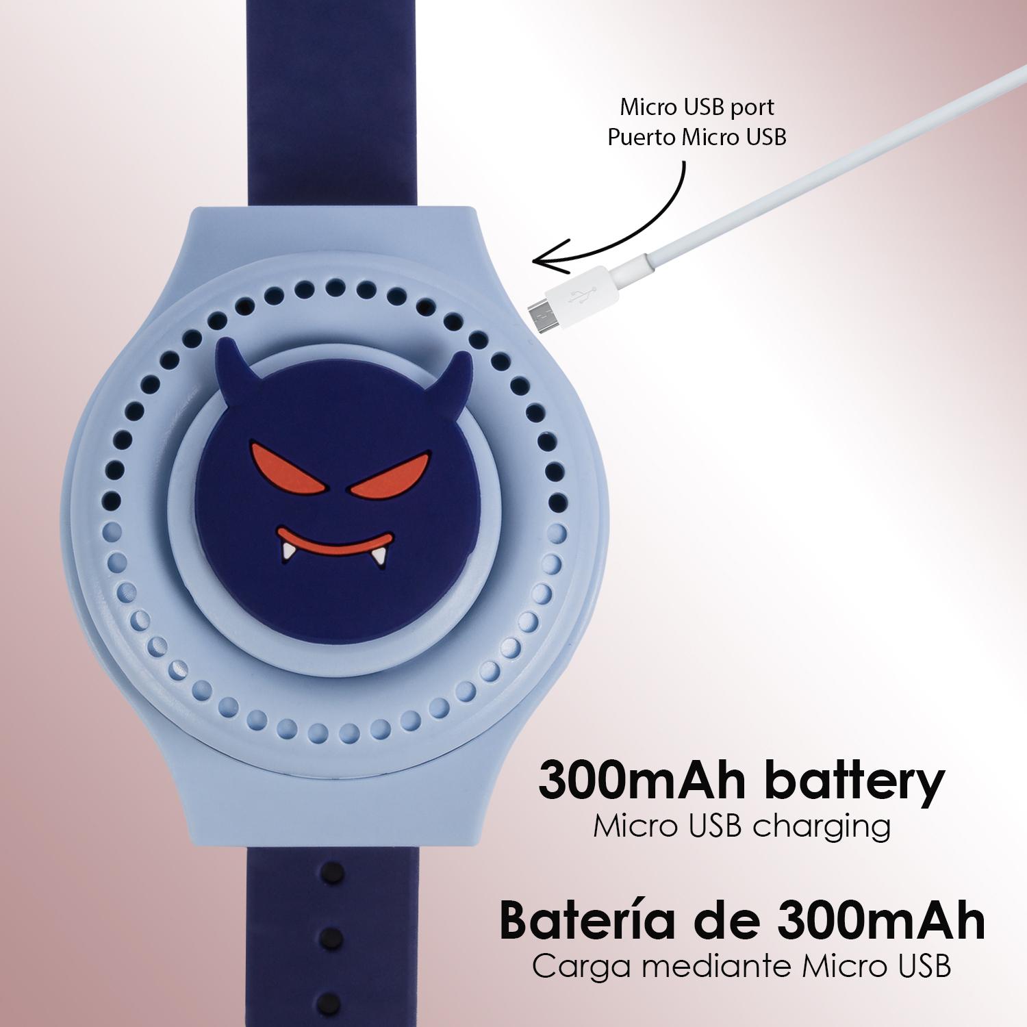 Reloj ventilador portátil con batería de 300mAh. Diseño diablillo. 3 velocidades.