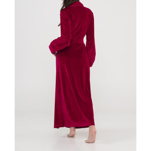 Bata mujer terciopelo, cruzada con cinturon, cuello smoking y bolsillos laterales, maxi larga