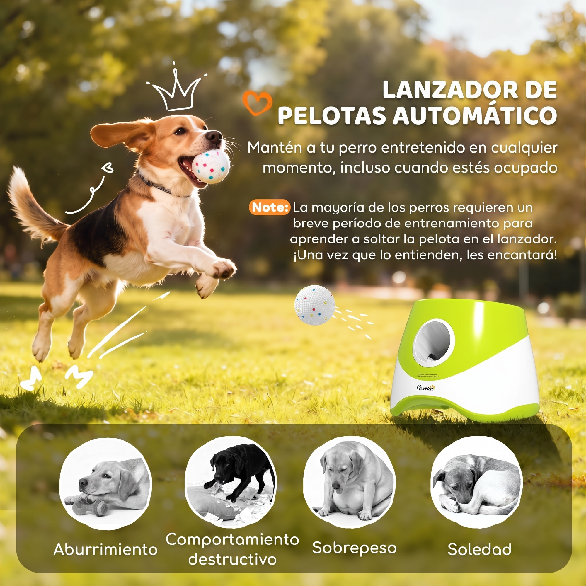 Lanzador de Pelotas para Perros Automático con 3 Pelotas ETPU, 3 Distancias Ajustables 6m/10m/14m, Juguete Interactivo, para Perros Pequeños y Medianos, Interior y Exterior, Verde