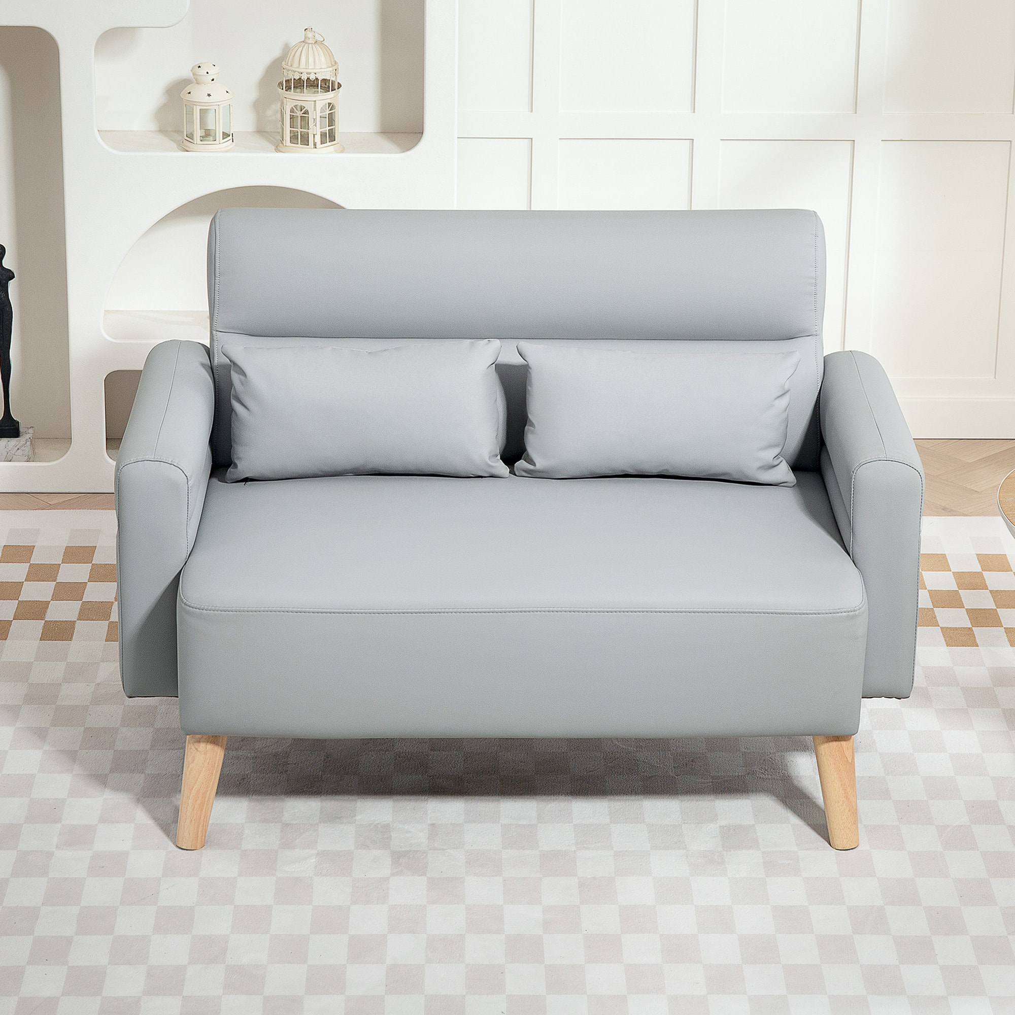 Sofá de 2 Plazas Tapizado en Cuero Sintético Sofá de Salón de 117 cm con Reposabrazos Acolchado Grueso Respaldo Acanalado y Patas de Madera para Dormitorio Sala de Estar Gris